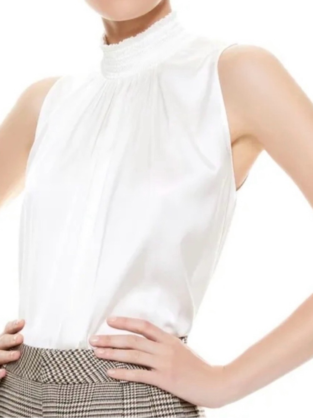 Alice + Olivia White 100% Silk Sleeveless Smocked-Neck Camisole